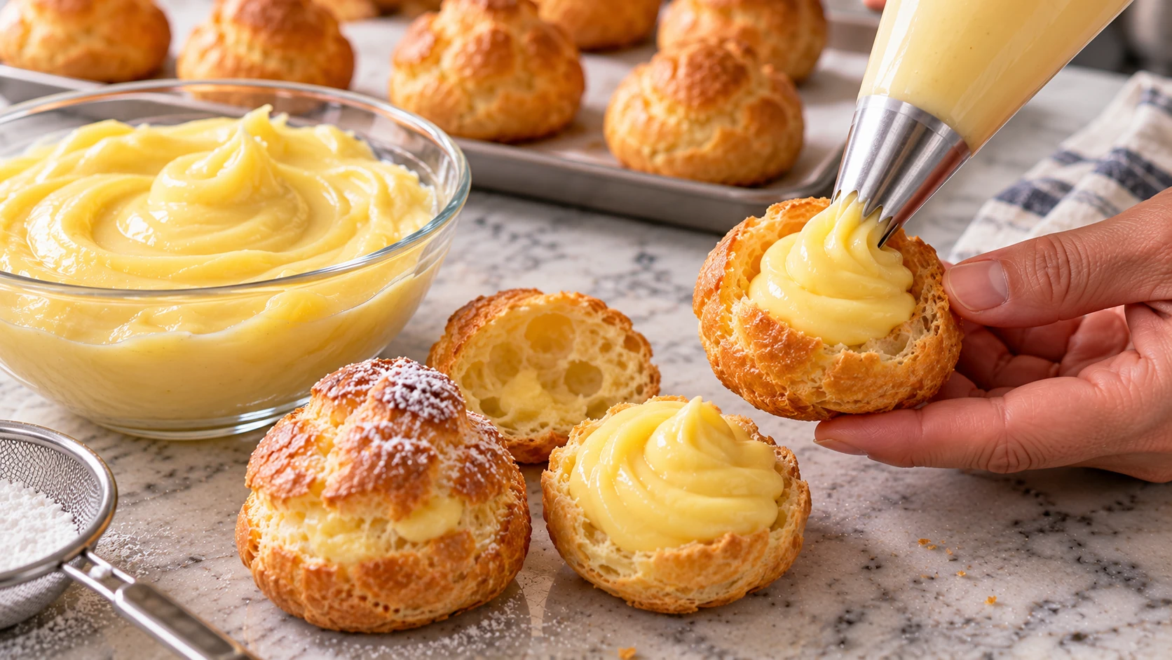 Bignè dorato farcito con crema pasticcera mediante una sac à poche, accanto ad altri bignè ripieni