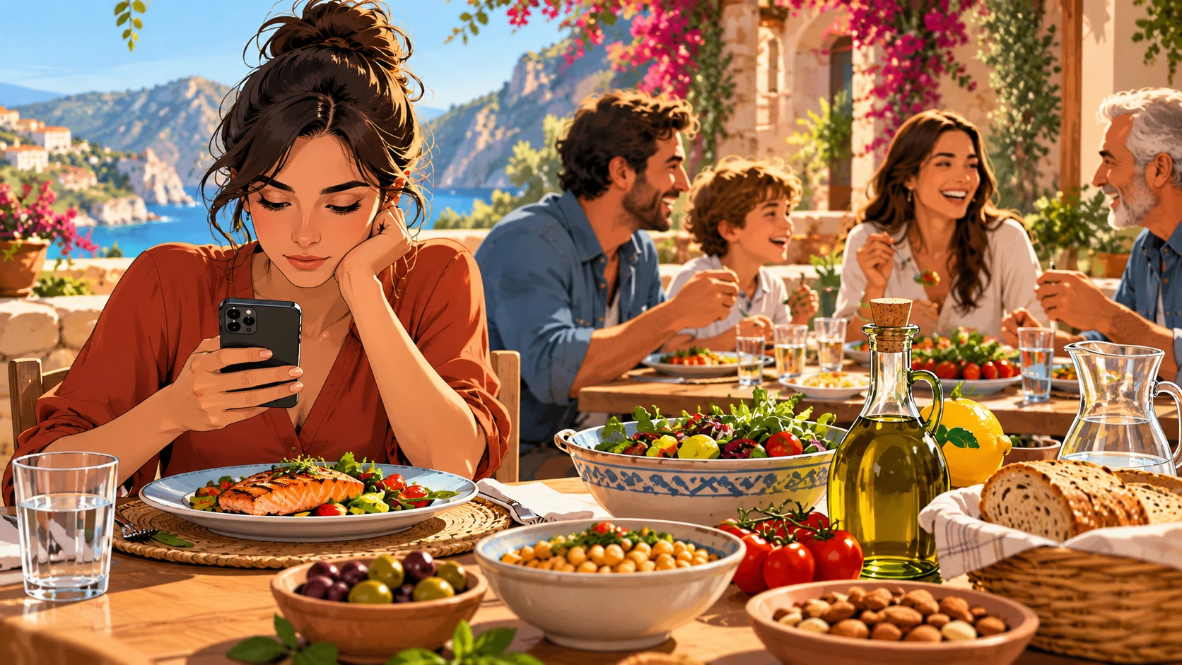Donna guarda lo smartphone durante un pasto mediterraneo mentre una famiglia mangia insieme e conversa a tavola