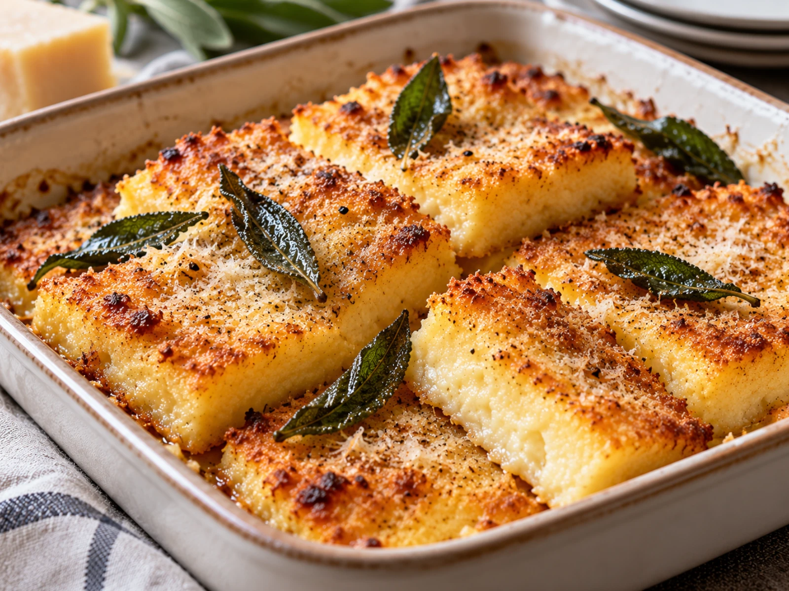 Gnocchi alla romana gratinati al Parmigiano con burro nocciola e foglie di salvia croccante nella pirofila