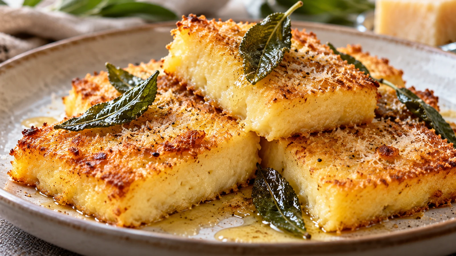 Gnocchi alla romana rettangolari gratinati con burro nocciola, Parmigiano e salvia croccante