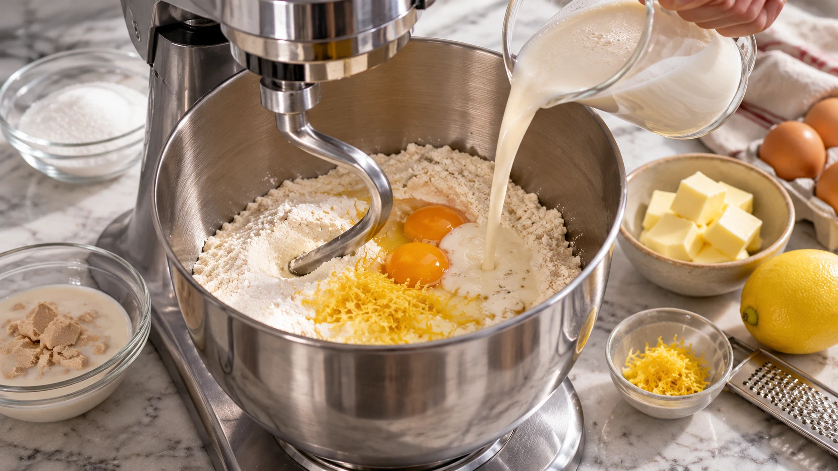 Planetaria professionale con farina, uova e zucchero durante la preparazione dell’impasto dei krapfen, con aggiunta di latte e lievito