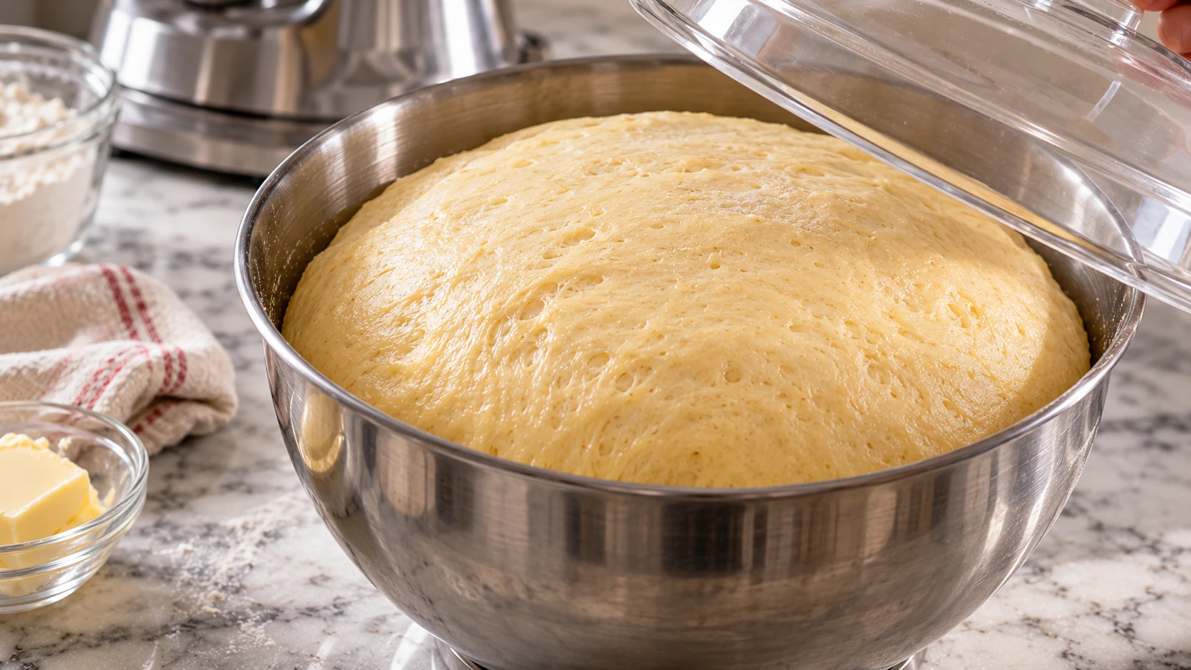 Impasto per krapfen soffice e lievitato in una ciotola di acciaio inox, con volume quasi raddoppiato dopo la prima lievitazione