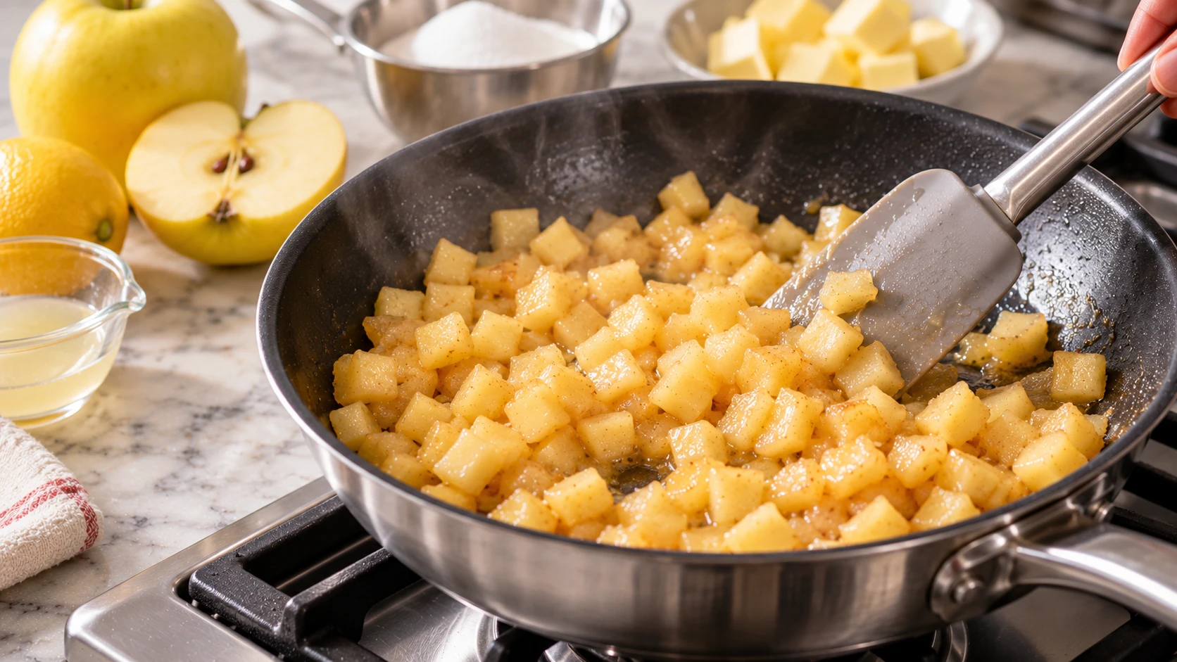 Dadini di mela Golden Delicious cotti delicatamente in padella con burro, zucchero e limone per il ripieno dei krapfen