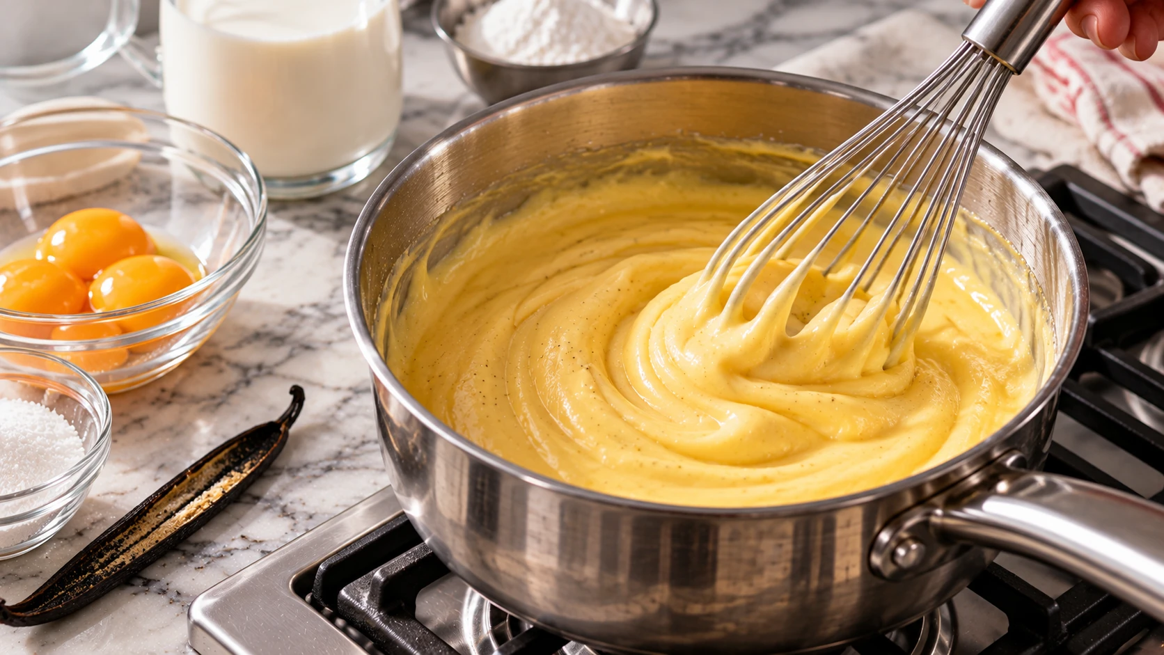 Crema pasticcera alla vaniglia mescolata con una frusta in un pentolino di acciaio inox durante la cottura fino all’addensamento