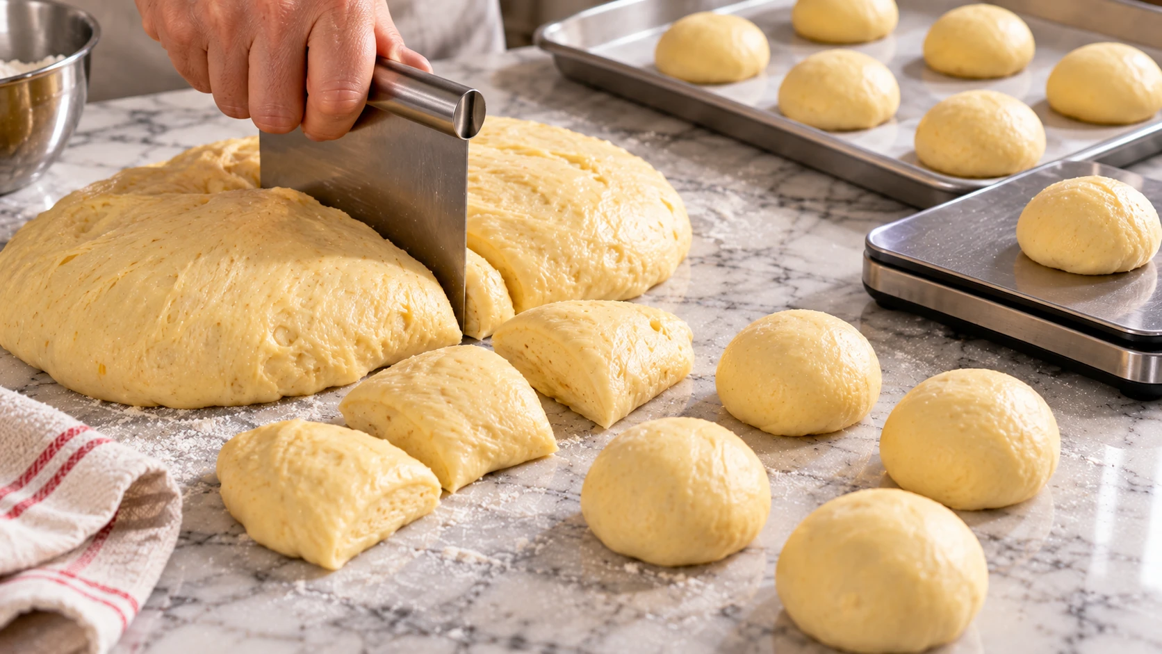 Impasto lievitato per krapfen diviso in porzioni regolari con un tarocco professionale su un piano di lavoro in marmo