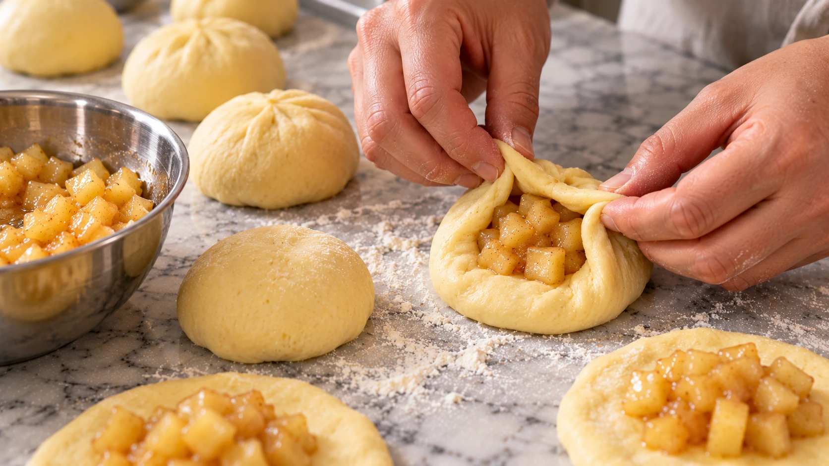 Disco di impasto per krapfen farcito con piccoli dadini di mela cotta, mentre le mani richiudono i bordi per sigillare il ripieno