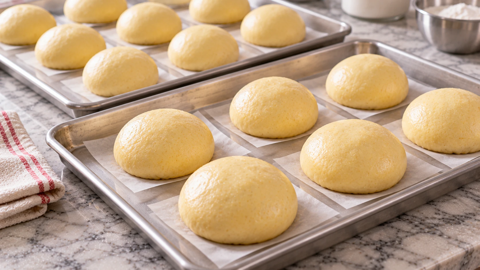 Krapfen crudi ripieni di mele disposti su teglie con carta da forno, gonfi e soffici dopo la seconda lievitazione