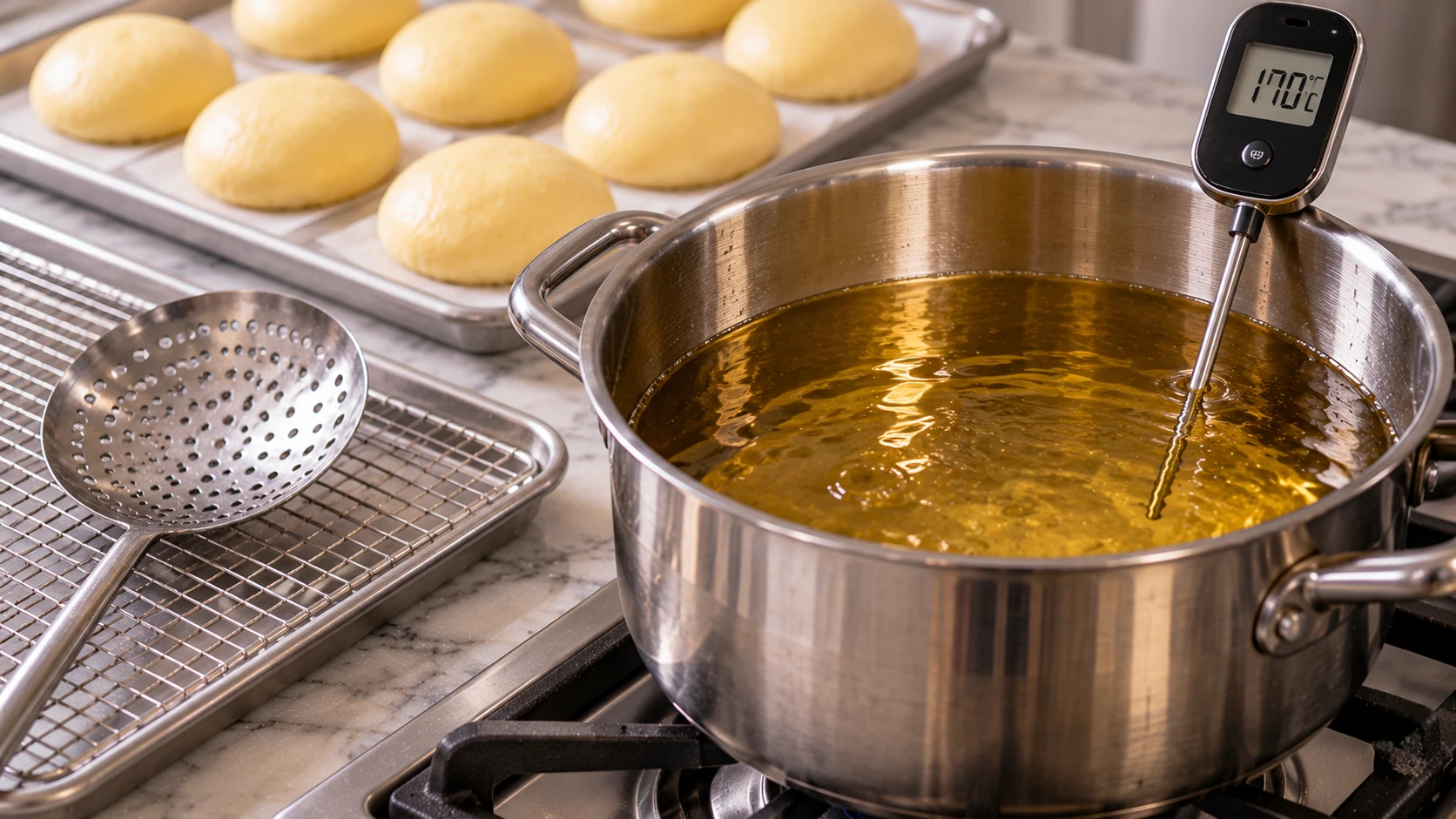 Pentola professionale con olio di semi di arachide riscaldato a 170 gradi, controllato con termometro digitale prima della frittura dei krapfen