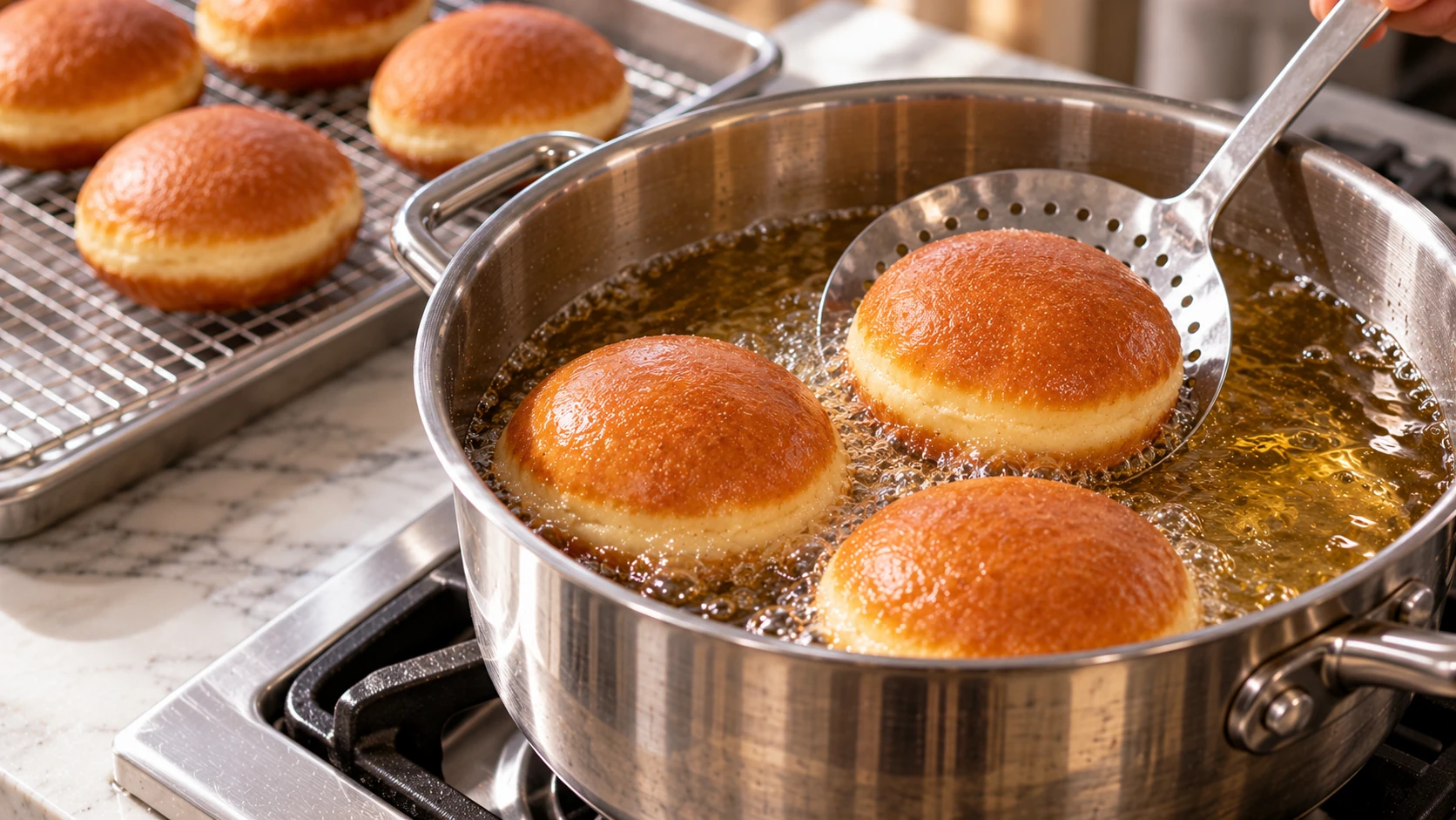Krapfen ripieni di mele durante la frittura in olio caldo, dorati e gonfi, girati delicatamente con una schiumarola professionale