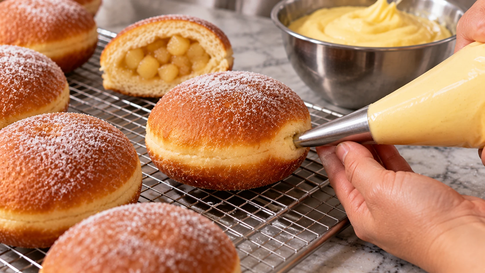 Krapfen dorato farcito con crema pasticcera alla vaniglia mediante sac à poche con bocchetta lunga, dopo la frittura
