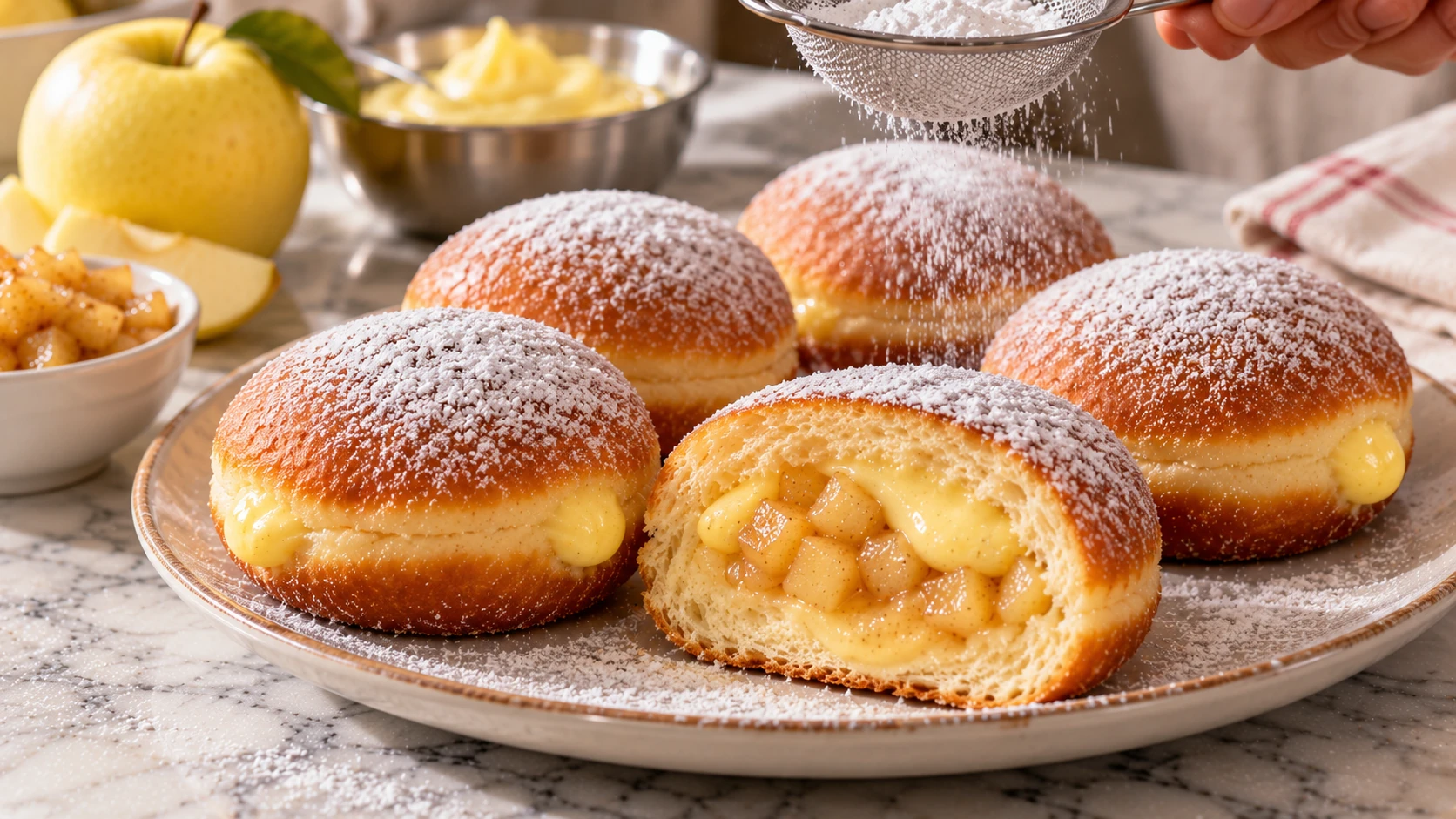 Krapfen con le mele e crema pasticcera spolverati di zucchero a velo, con un dolce aperto che mostra il ripieno di mele e crema