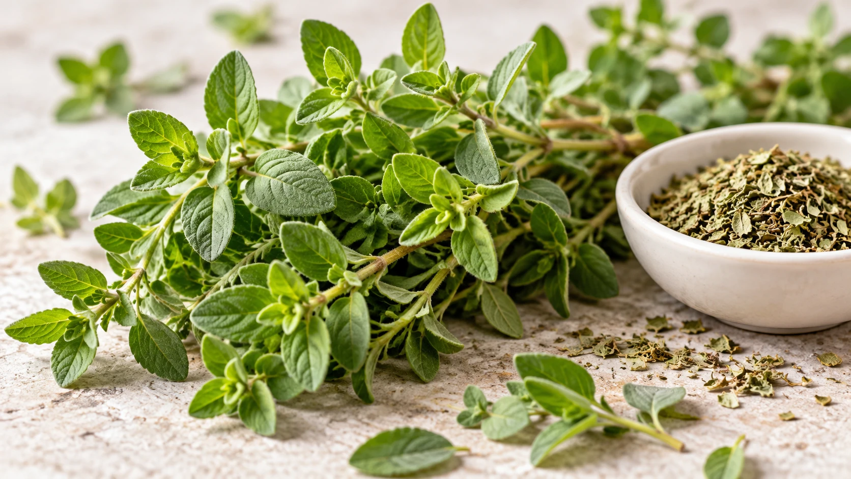 Rametti di maggiorana fresca con piccole foglie verdi accanto a una ciotola di maggiorana essiccata.