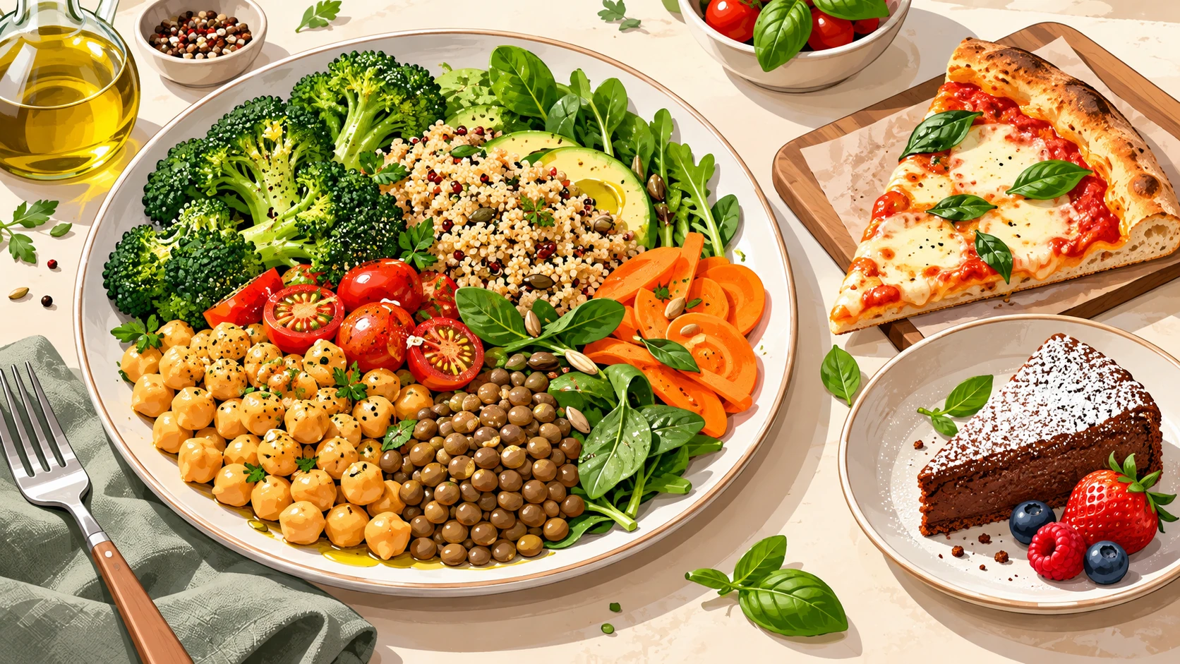 Piatto con verdure, ceci, lenticchie e cereali integrali, accompagnato da pizza e torta, per rappresentare il mangiare sano senza rinunce.
