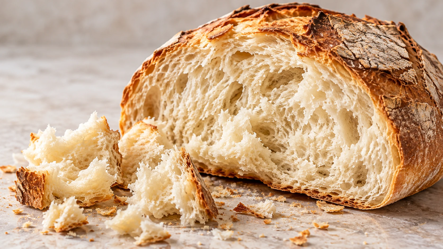 Mollica di pane soffice e alveolata all’interno di una pagnotta rustica