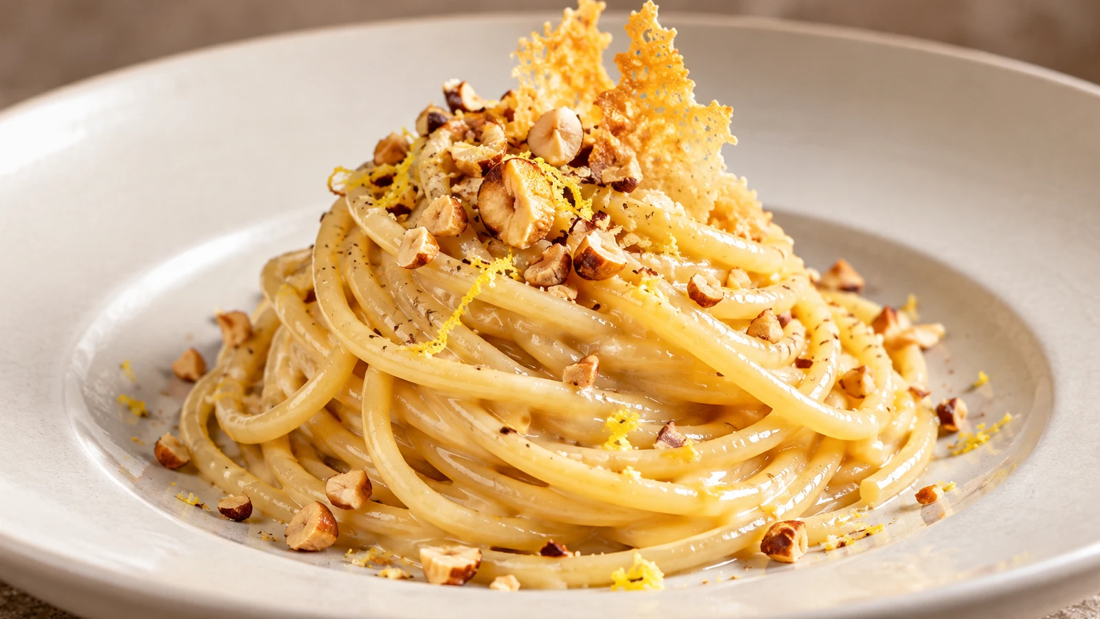Pasta al burro gourmet con Parmigiano Reggiano DOP, nocciole tostate, limone e cialda croccante