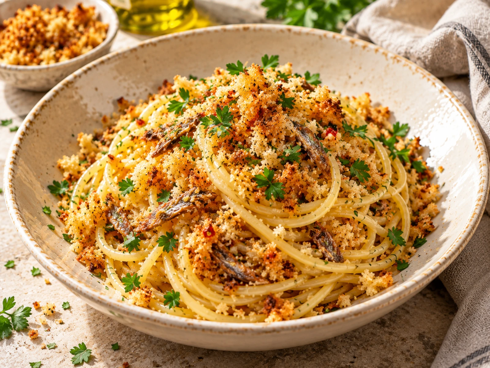 Spaghetti con acciughe e mollica tostata dorata, completati con prezzemolo fresco in un piatto di ceramica.