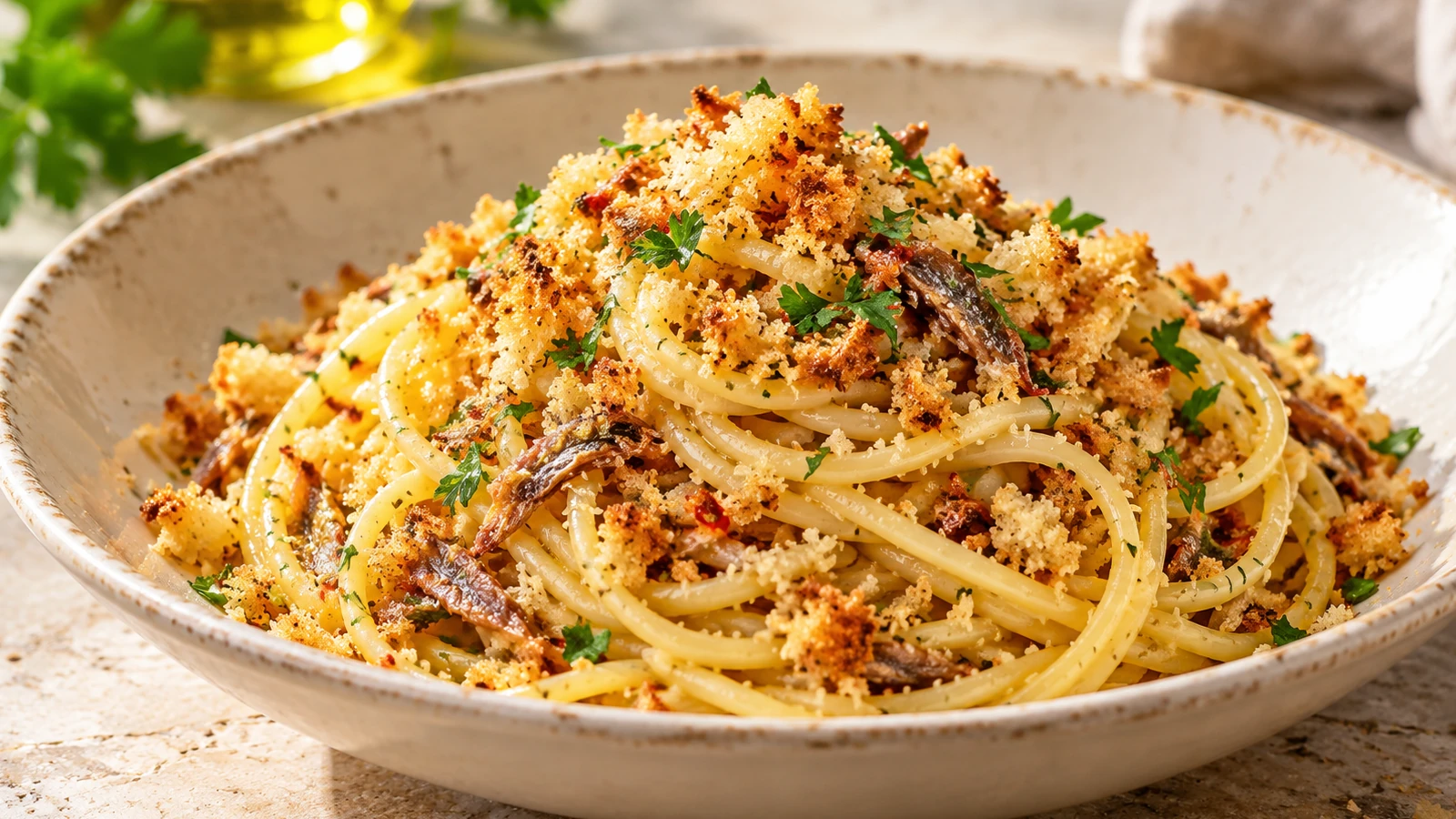 Pasta con la mollica, spaghetti con acciughe e pane raffermo tostato, serviti con mollica dorata e croccante