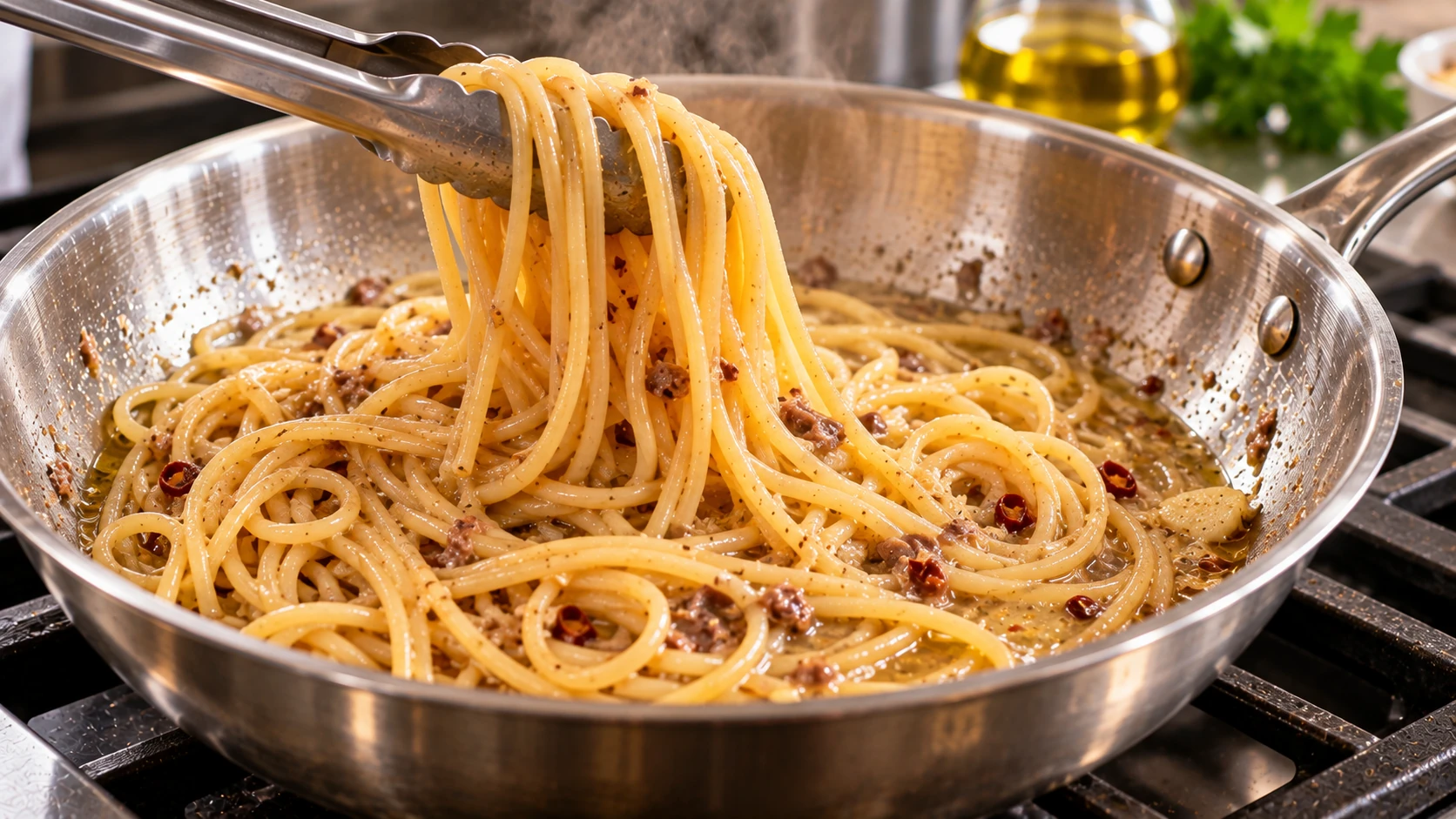 Step 6 - Pasta con la Mollica: Spaghetti con Acciughe e Mollica Tostata