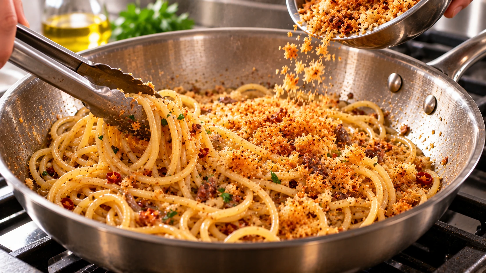 Step 7 - Pasta con la Mollica: Spaghetti con Acciughe e Mollica Tostata