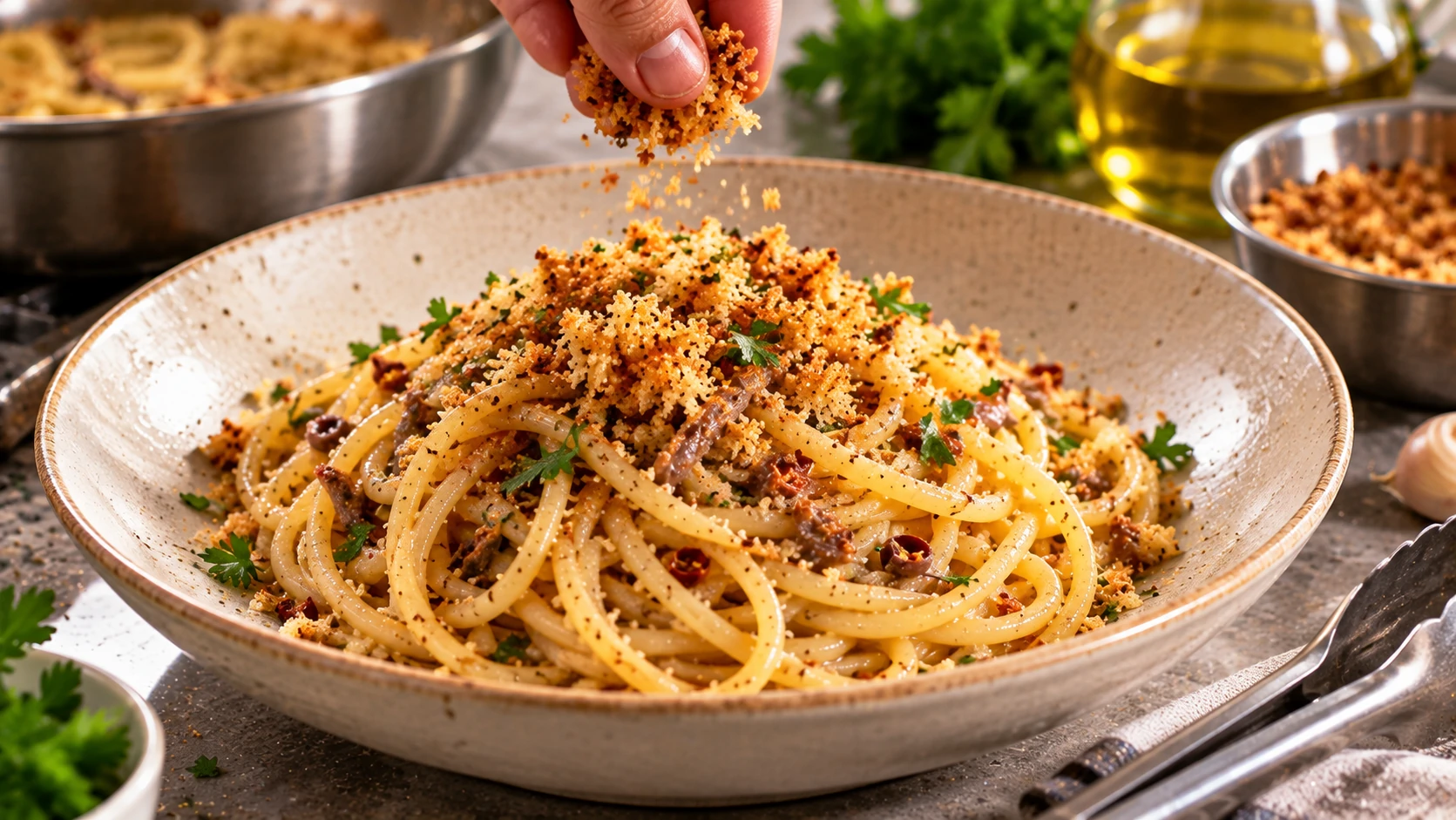 Step 8 - Pasta con la Mollica: Spaghetti con Acciughe e Mollica Tostata