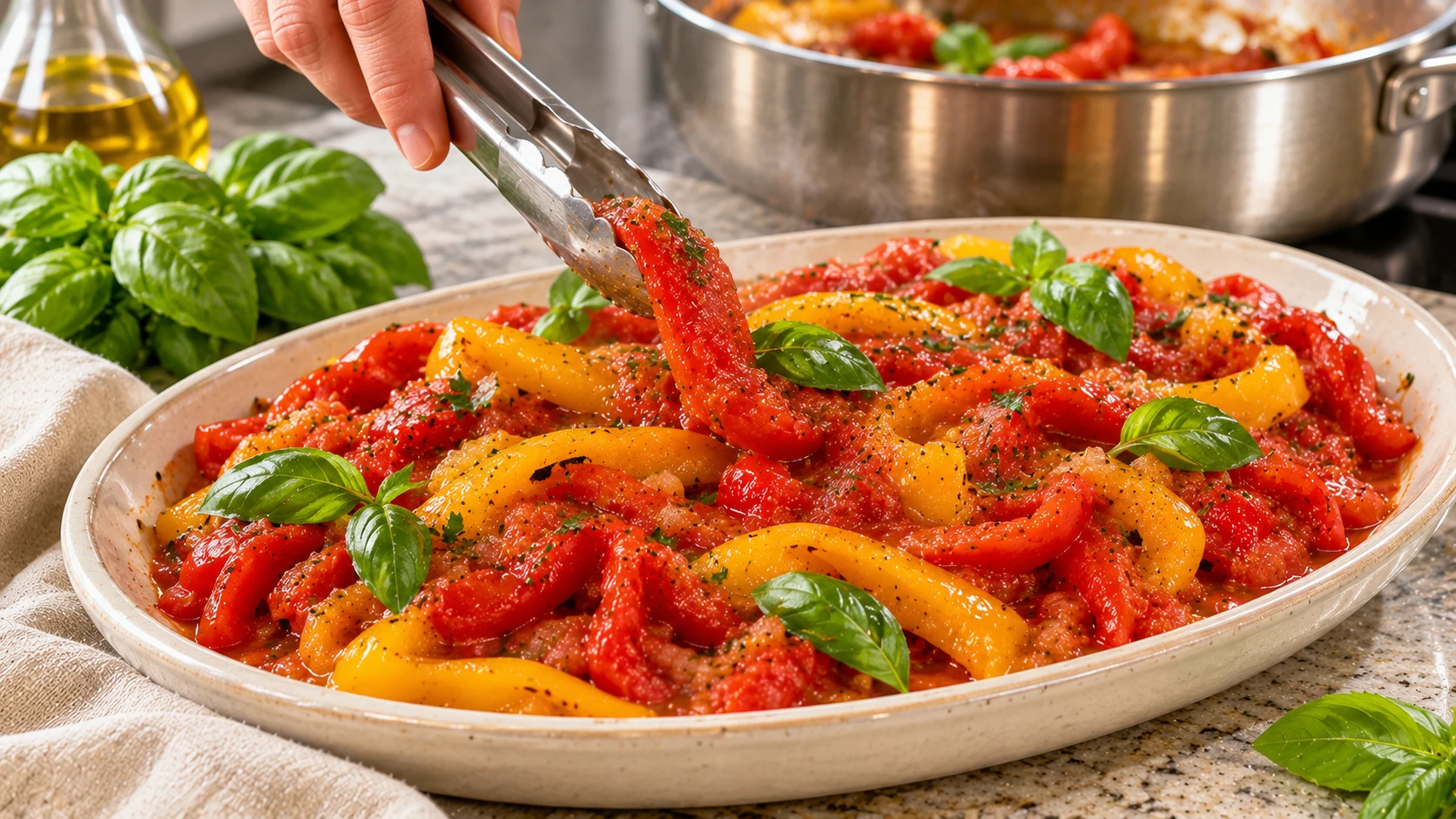 Peperonata piemontese con falde di peperoni rossi e gialli al pomodoro, completata con basilico e servita in un piatto ovale.