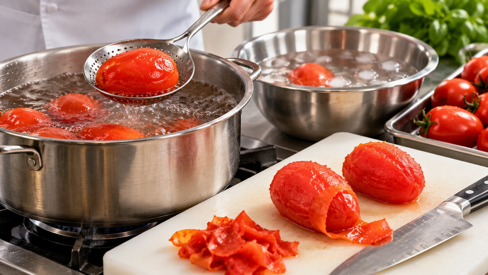 Pomodori perini sbollentati in acqua calda e sollevati con una schiumarola in acciaio per facilitarne la spellatura.
