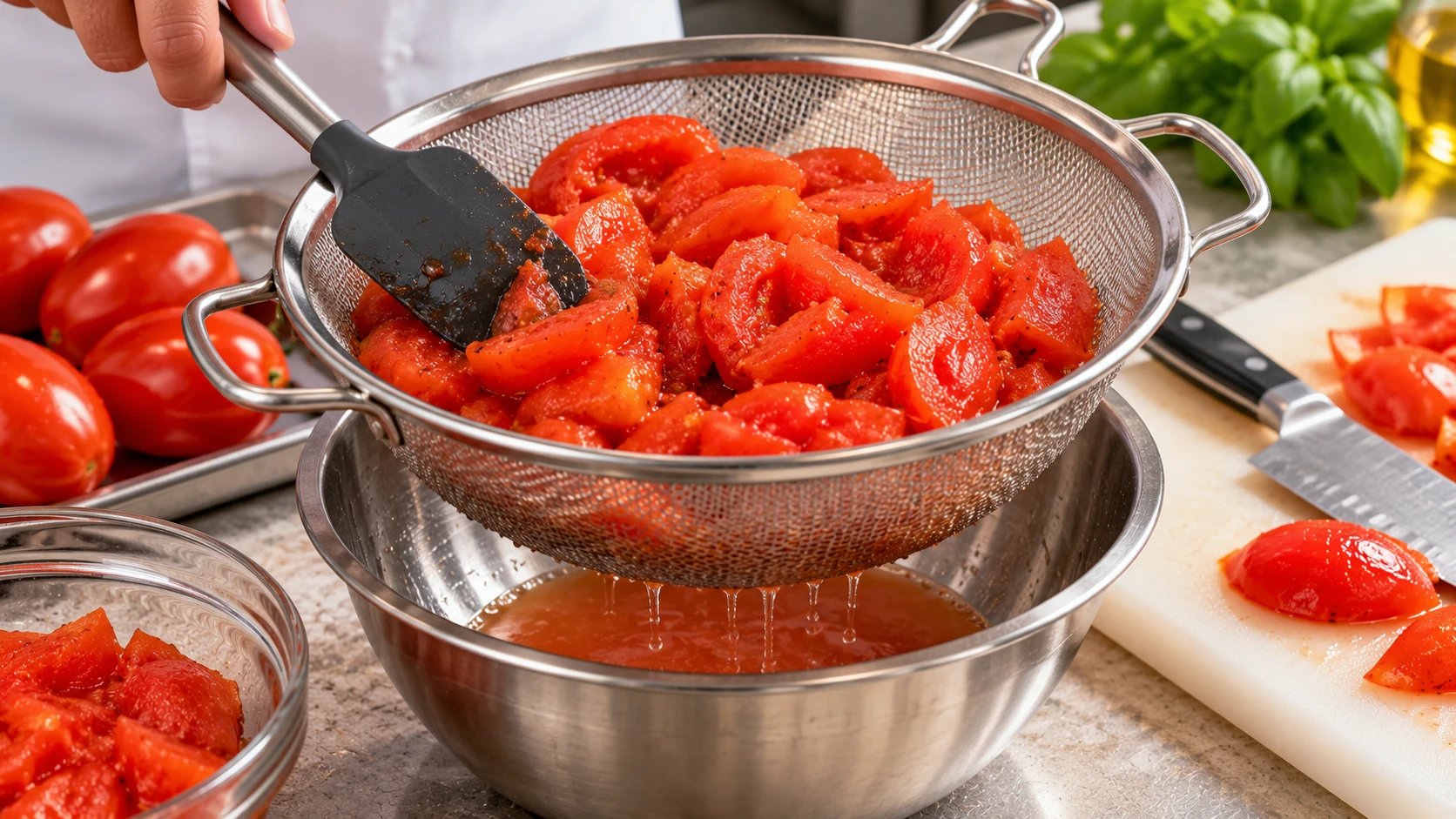 Pomodori perini spellati e tagliati a pezzi lasciati sgocciolare in un colino di acciaio per eliminare l’acqua in eccesso.
