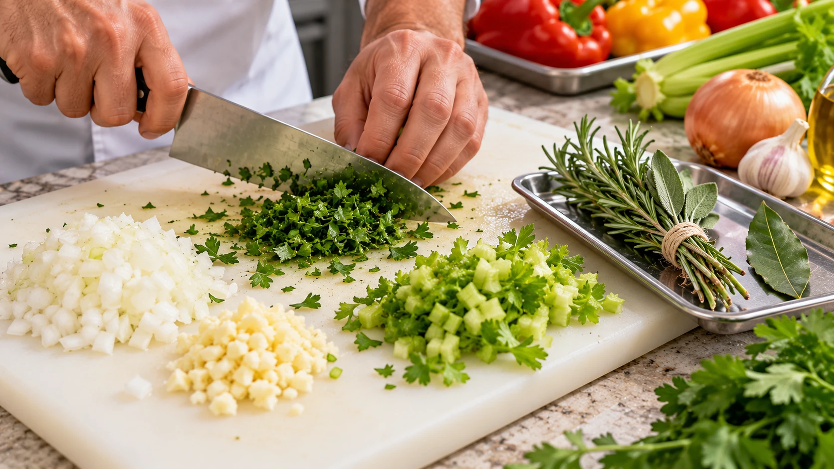 Cipolla, aglio, prezzemolo e foglie di sedano tritati su un tagliere, con rosmarino e salvia legati in un mazzetto.