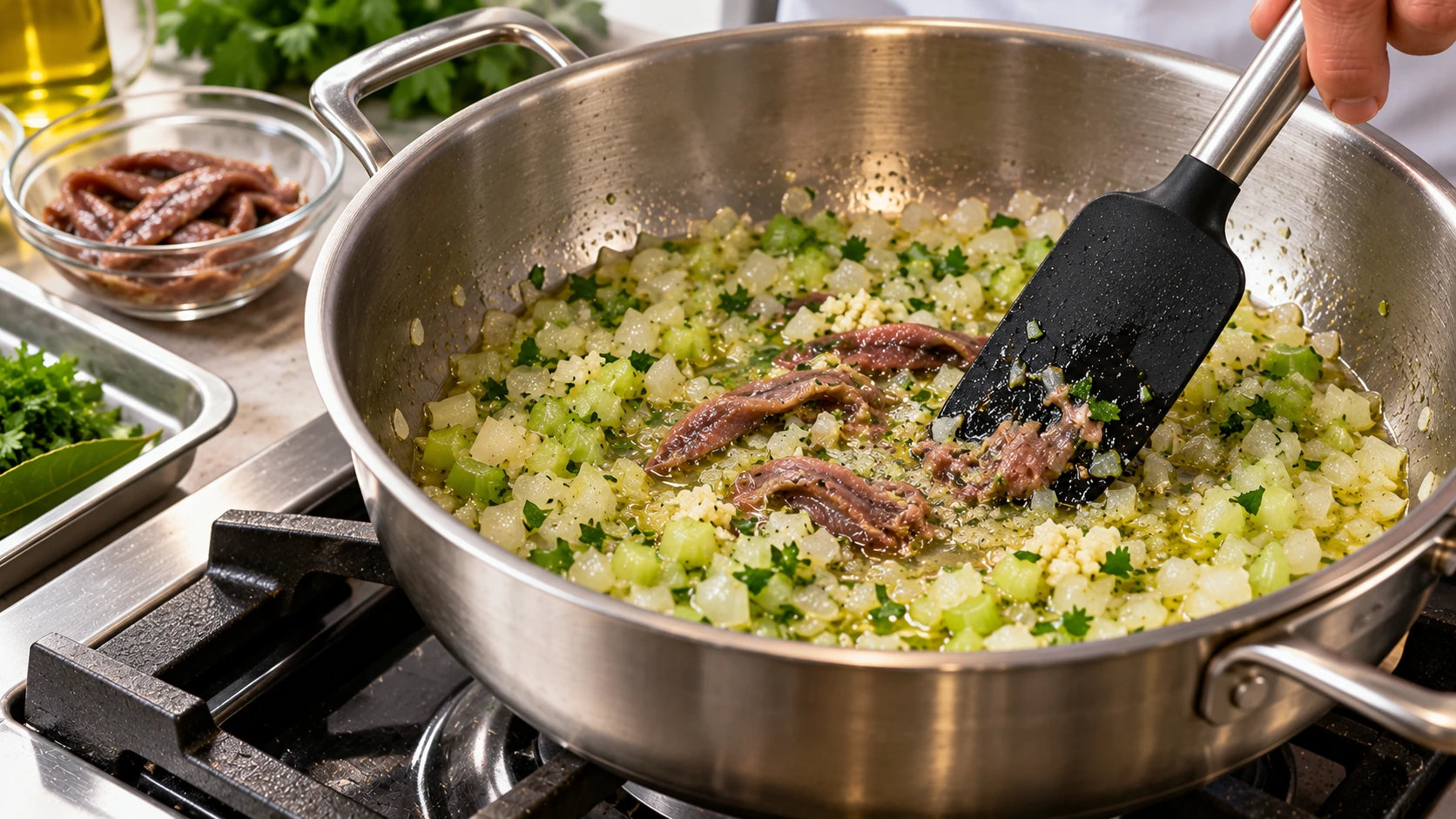 Soffritto di cipolla, aglio, prezzemolo e sedano in casseruola con filetti di acciuga che si sciolgono nell’olio.
