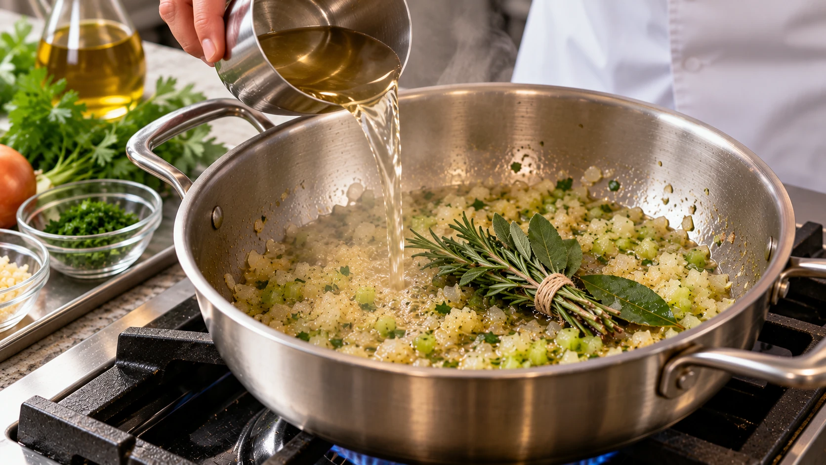 Vino bianco versato nel soffritto con rosmarino, salvia e alloro legati in un mazzetto aromatico dentro una casseruola.