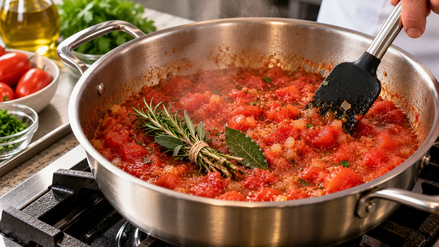 Pomodori perini a pezzi che sobbollono in una casseruola con cipolla, rosmarino, salvia e alloro prima di aggiungere i peperoni.
