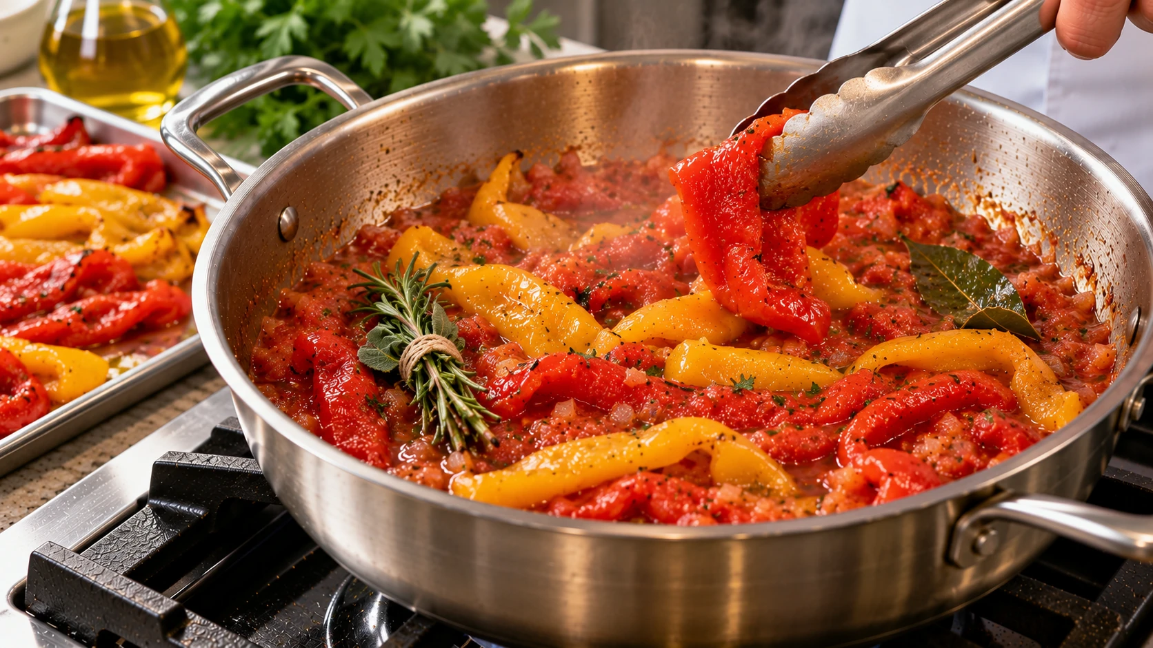 Falde di peperoni rossi e gialli arrostiti aggiunte con una pinza in acciaio al condimento di pomodoro nella casseruola.