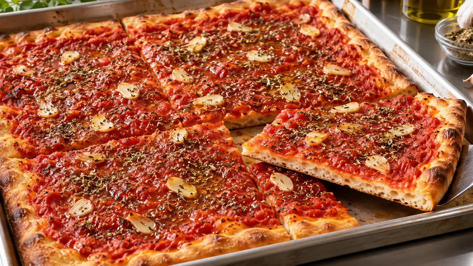 Pizza Marinara fatta in casa in teglia con pomodoro, aglio, origano e olio extravergine di oliva