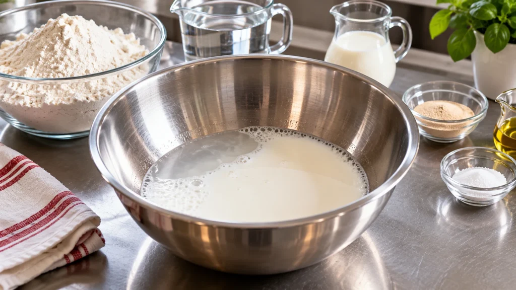 Acqua e latte versati nella ciotola per preparare l’impasto della Pizza Marinara fatta in casa