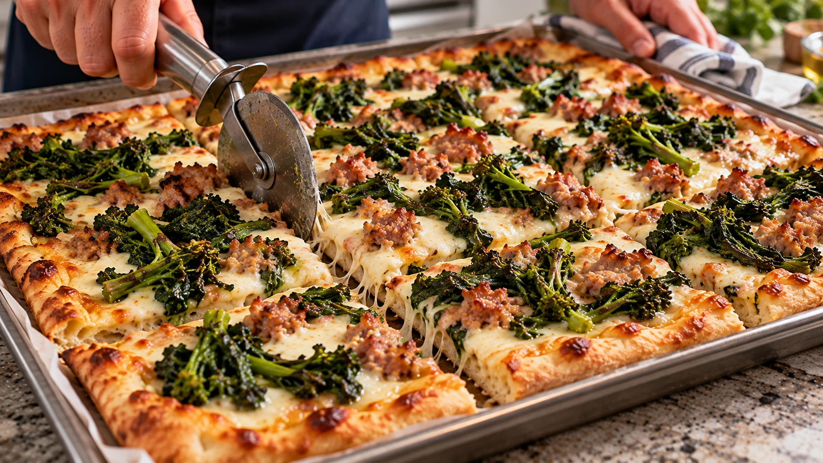Pizza salsiccia e friarielli appena sfornata e tagliata in tranci