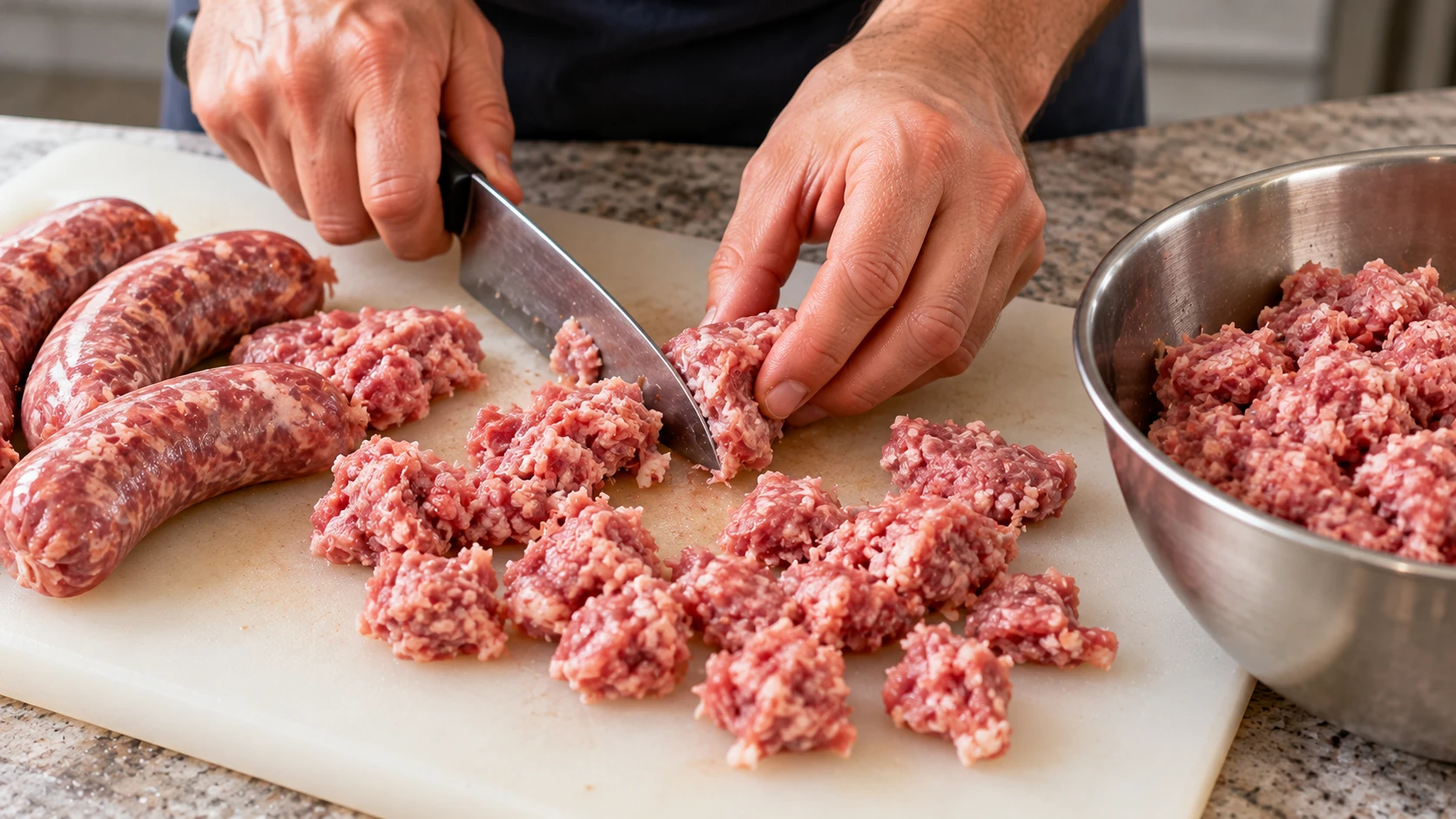 Salsiccia fresca cruda privata del budello e suddivisa in piccoli pezzi