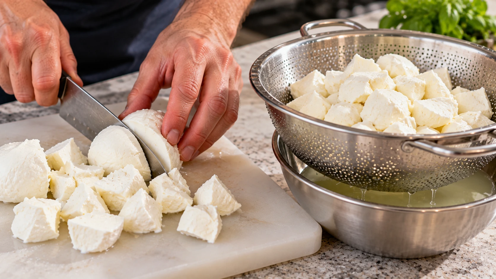 Mozzarella fiordilatte tagliata e lasciata sgocciolare in un colino
