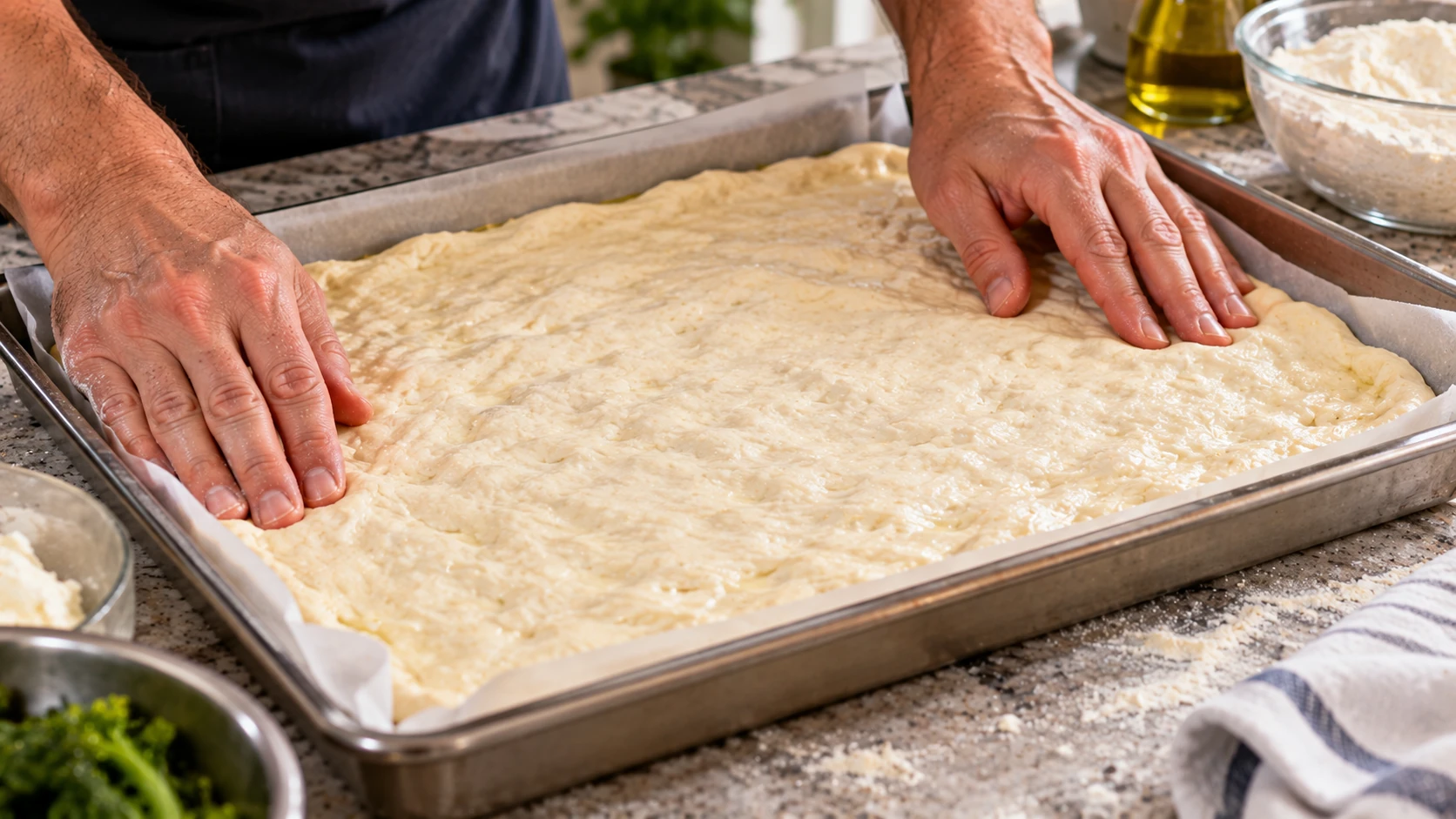Impasto lievitato steso nella teglia rettangolare da 40 × 30 cm