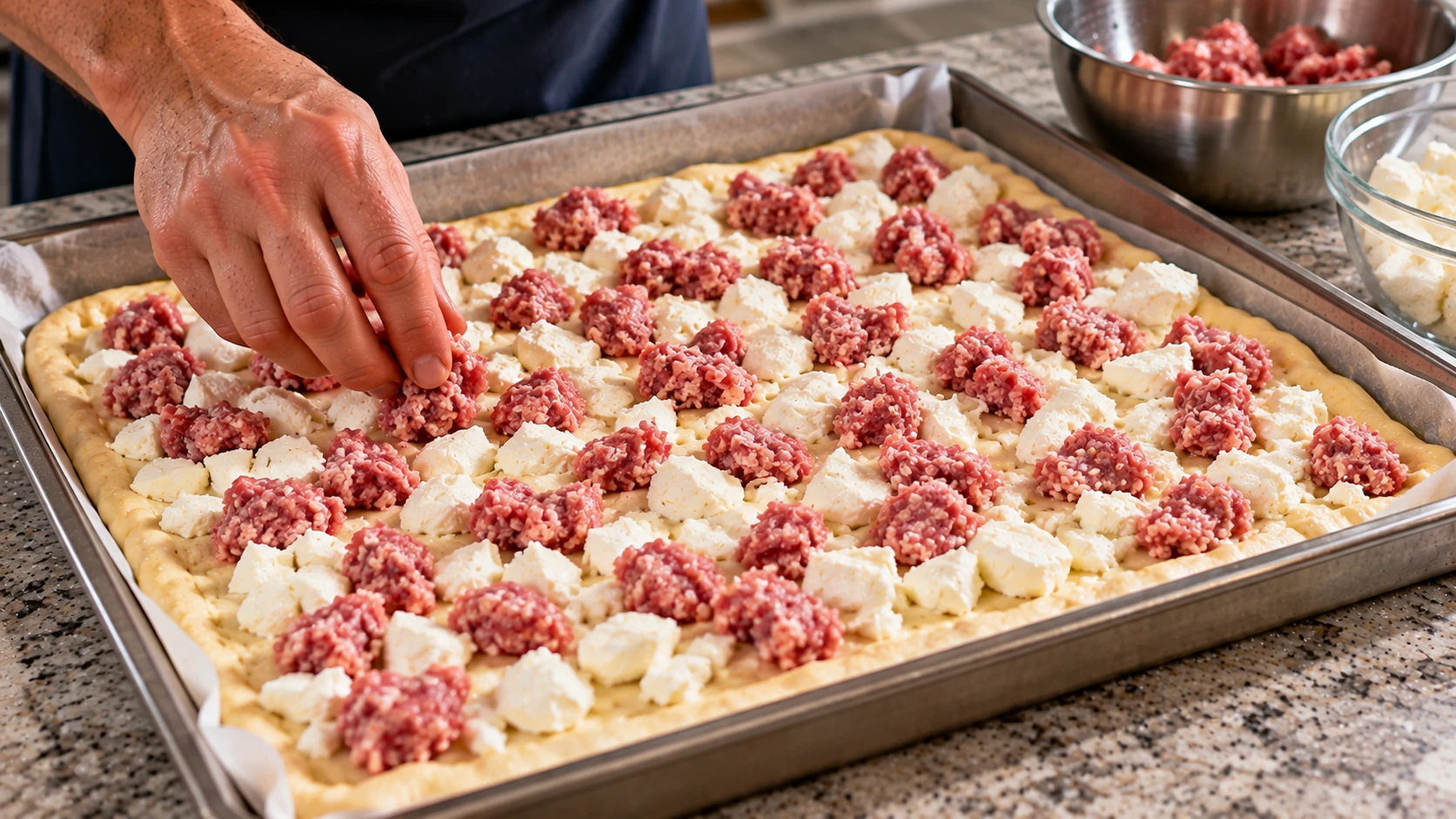 Pizza bianca cruda condita con mozzarella e salsiccia prima della cottura