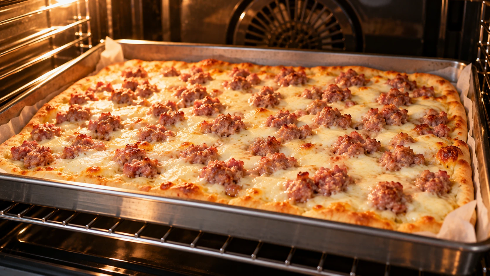 Pizza bianca con mozzarella e salsiccia durante la prima fase di cottura