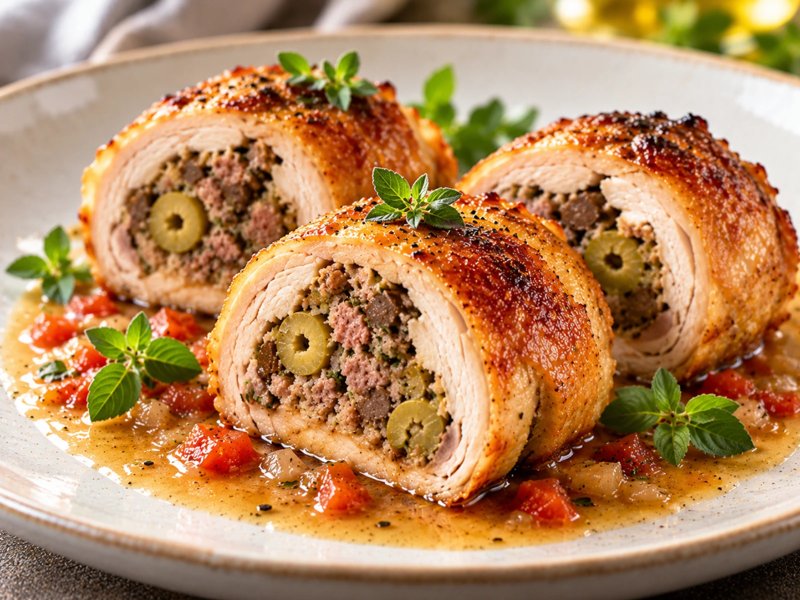 Scrigno di Pollo Dorato con Cuore di Salsiccia e Olive Verdi