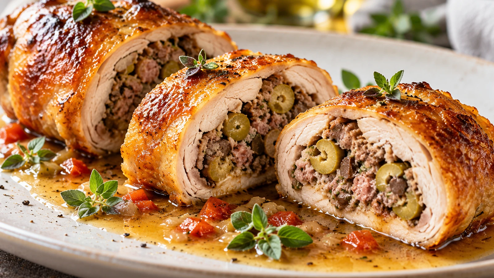 Pollo ripieno al forno tagliato in medaglioni con salsiccia, fegatini e olive verdi