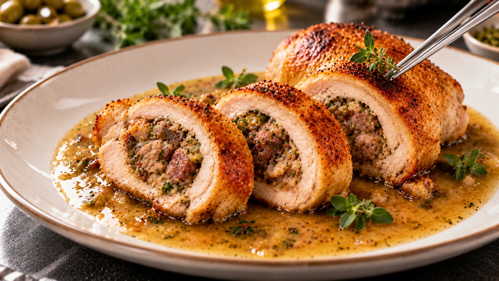 Step 10 - Scrigno di Pollo Dorato con Cuore di Salsiccia e Olive Verdi