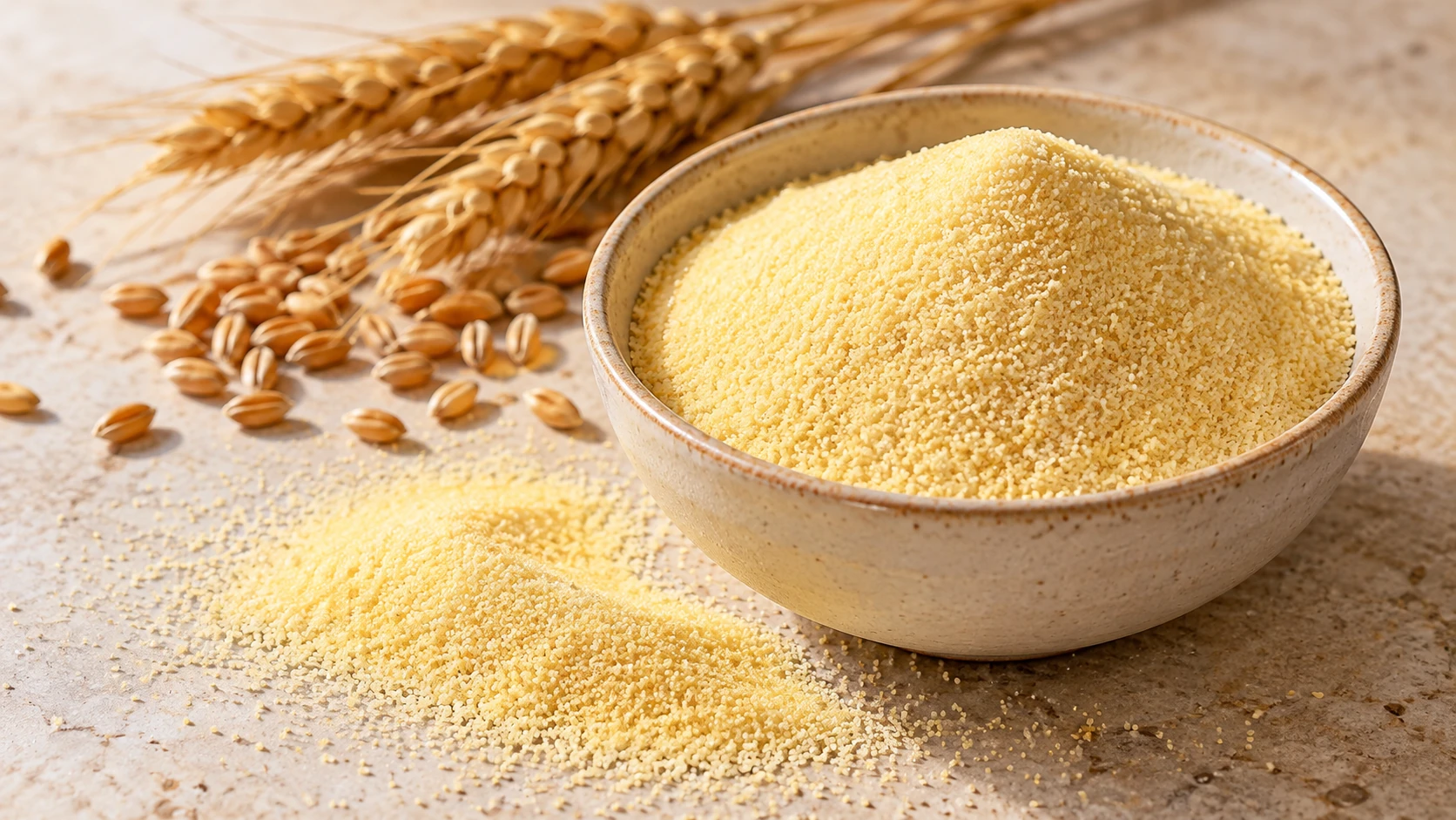 Semolino di grano duro in una ciotola con chicchi e spighe di grano