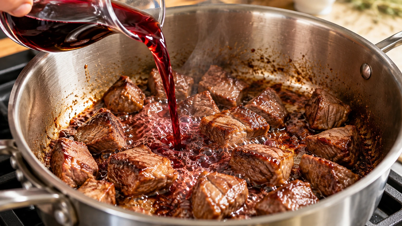 Vino rosso versato in una casseruola con bocconcini di manzo rosolati per sfumare il fondo di cottura.