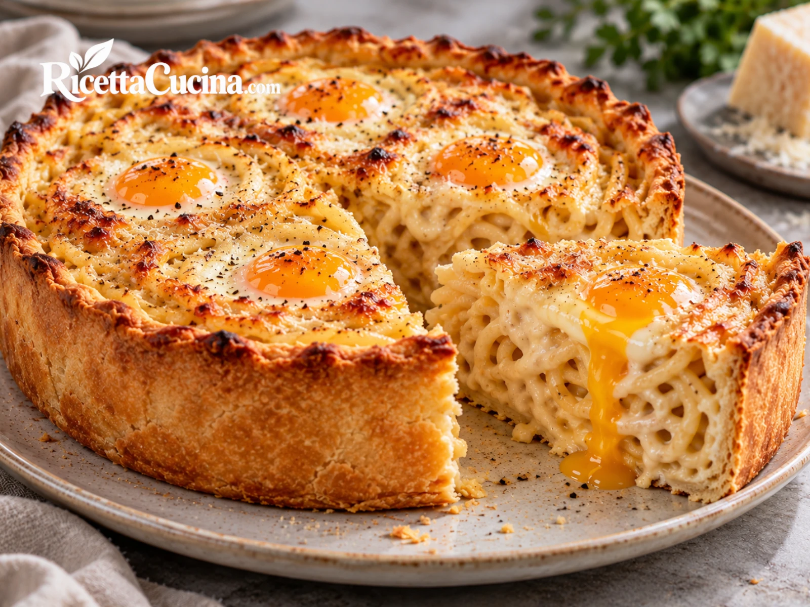 Timballo di Pasta Croccante con Bucatini, Besciamella e Uovo dal Cuore Morbido