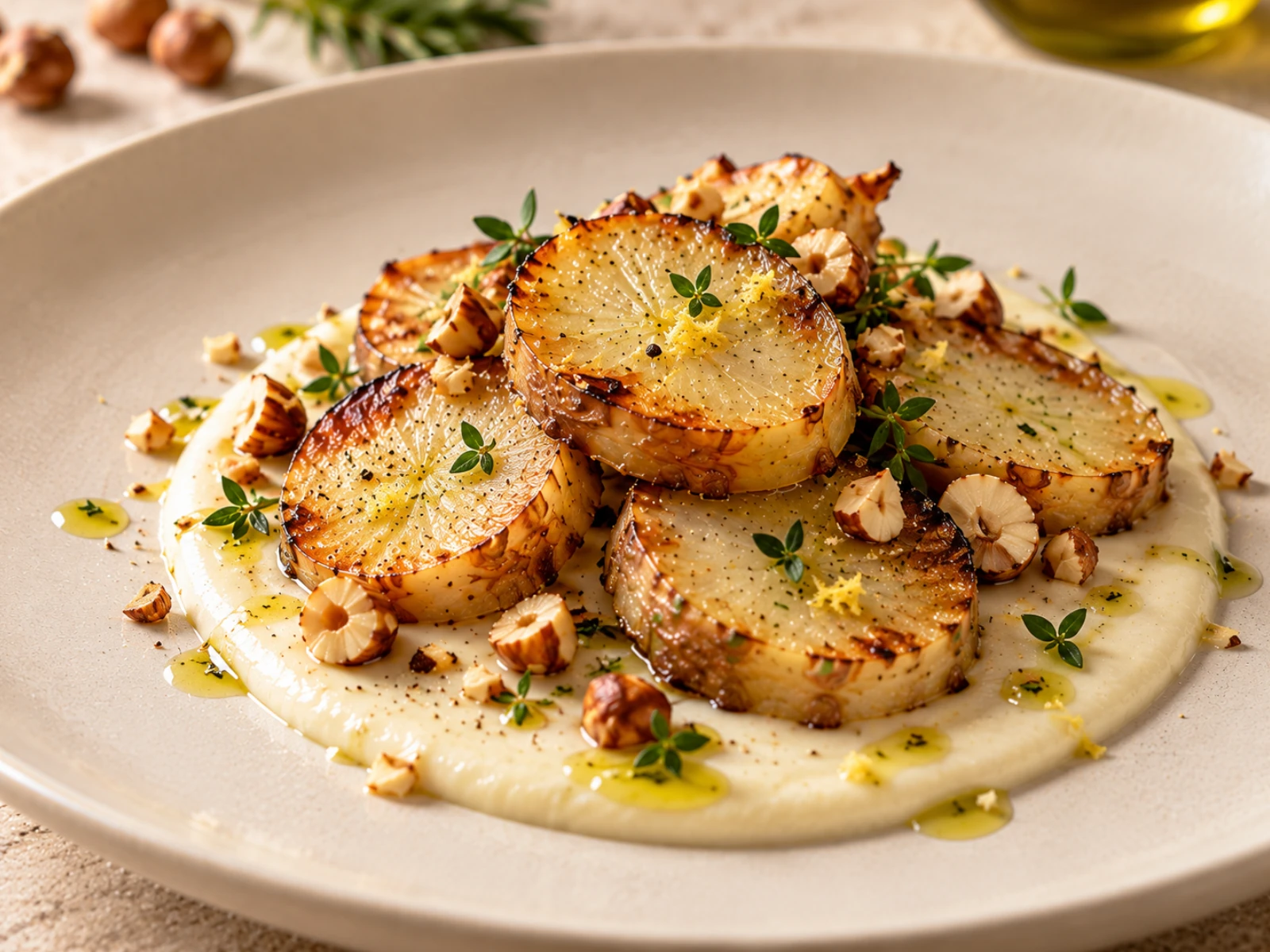 Topinambur Gourmet su Crema di Parmigiano con Nocciole Tostate e Olio al Rosmarino