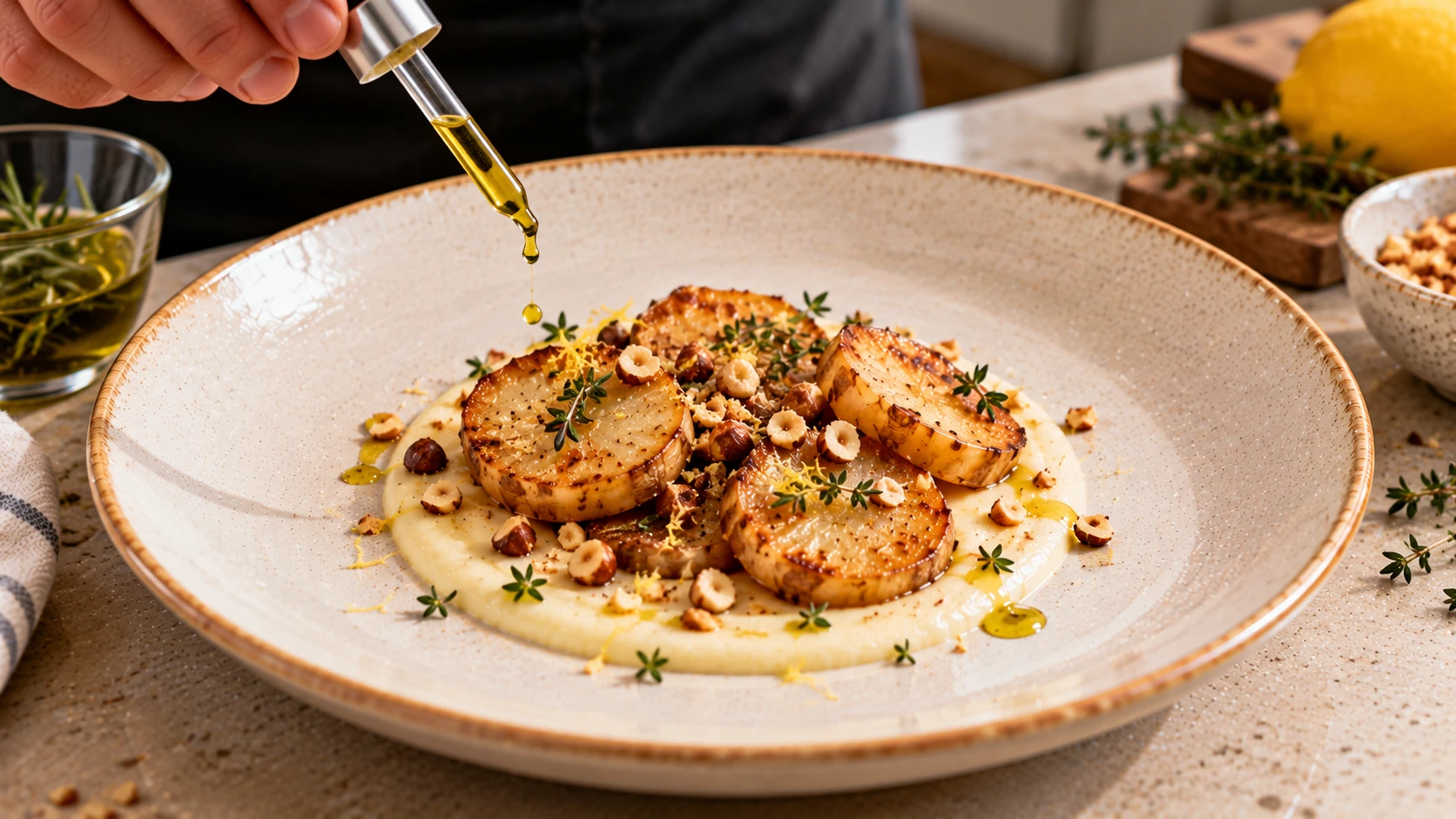 Impiattamento finale del topinambur gourmet con crema di Parmigiano, nocciole e olio al rosmarino.