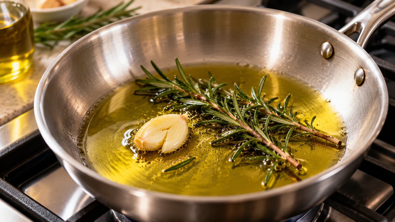 Aglio e rosmarino che aromatizzano l’olio per il topinambur gourmet.