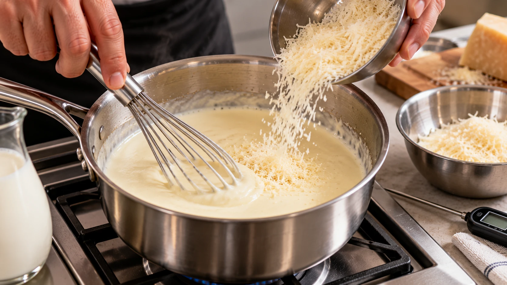 Preparazione della crema vellutata di Parmigiano con panna fresca e latte.